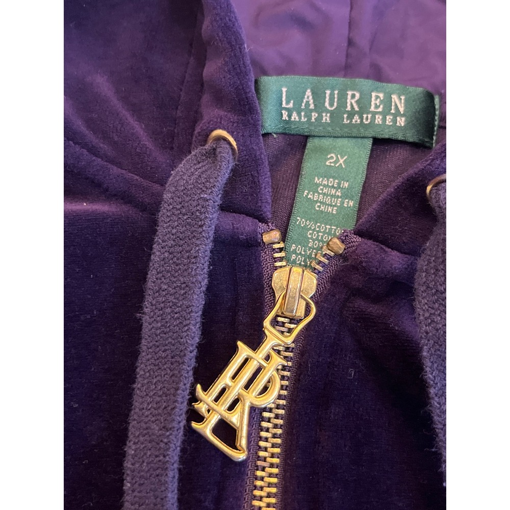 Lauren Ralph Lauren Purple Velour Zip Up Hoodie Gold LRL Monogram Pull Womens 2X